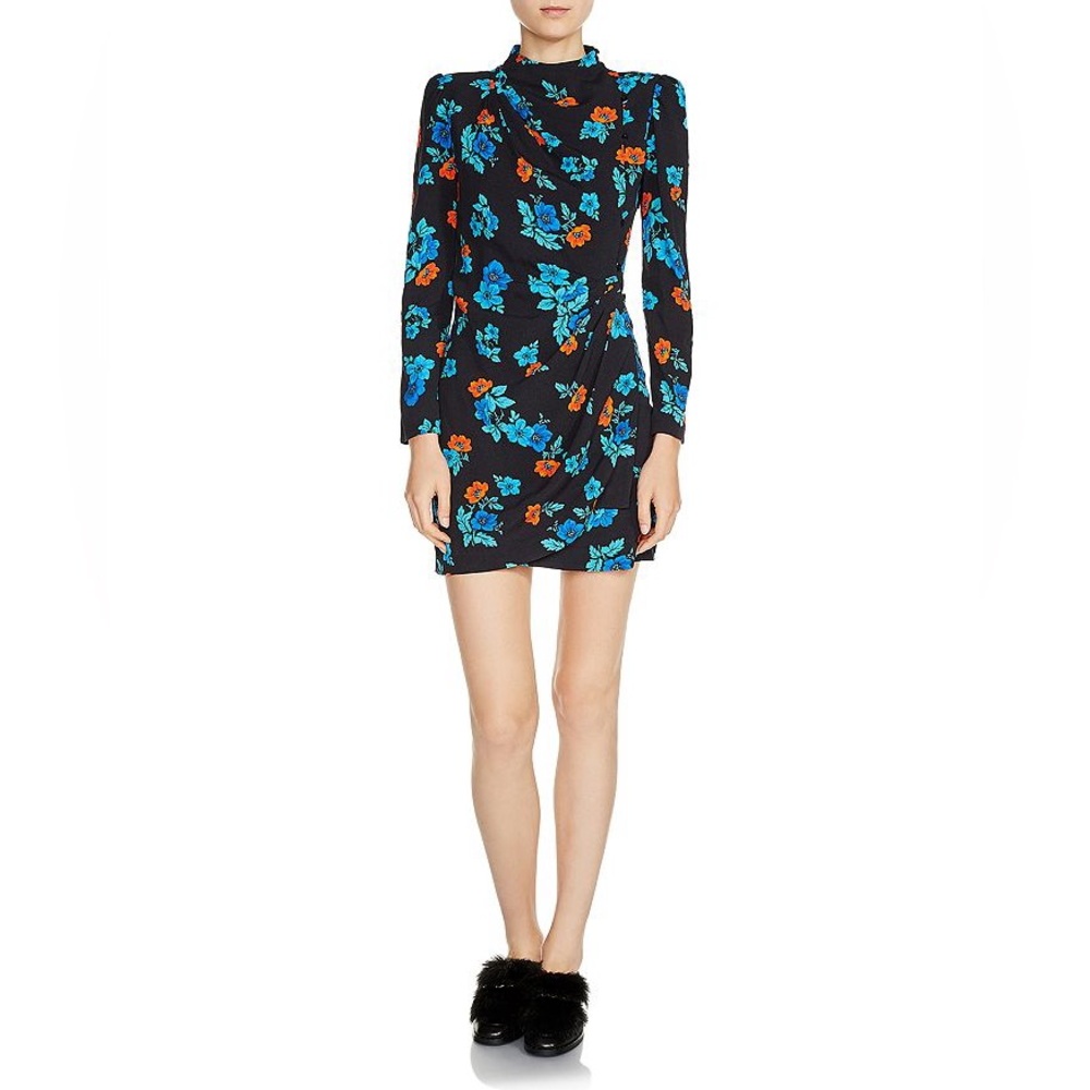Maje Black and Blue Floral Long Sleeve Dress
